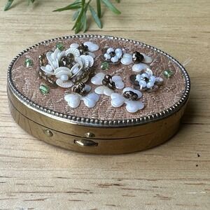 Vintage Trinket or Pill Box Hinged Lid Shell Floral Beaded‎ Design 2" Length